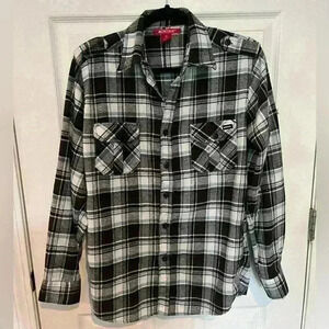 Men’s Montage Plaid Blue Black And White Button Down Flannel With Pockets Size S